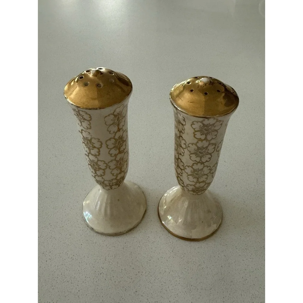 Vintage Iridescent Salt & Pepper Shakers Gold Cream Floral With‎ Stoppers